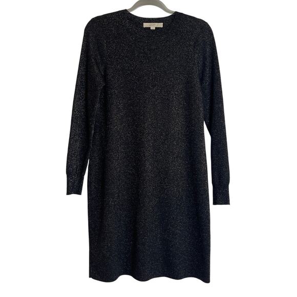 LOFT Dresses & Skirts - LOFT Black Gold Metallic Sweater Dress Size M Long Sleeves Stretch Holiday Shine